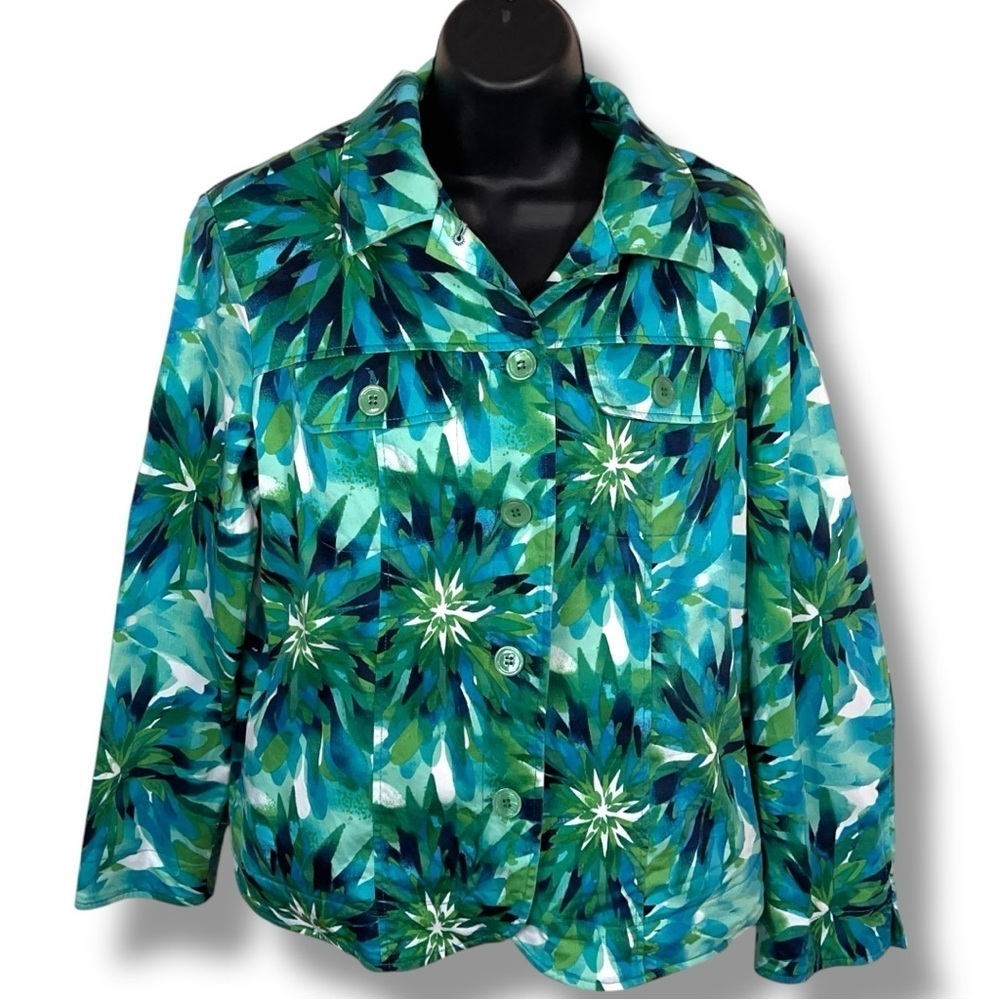 Small Drapers And Damons Green Tropical Print Jacket Long Sleeve Blue Green